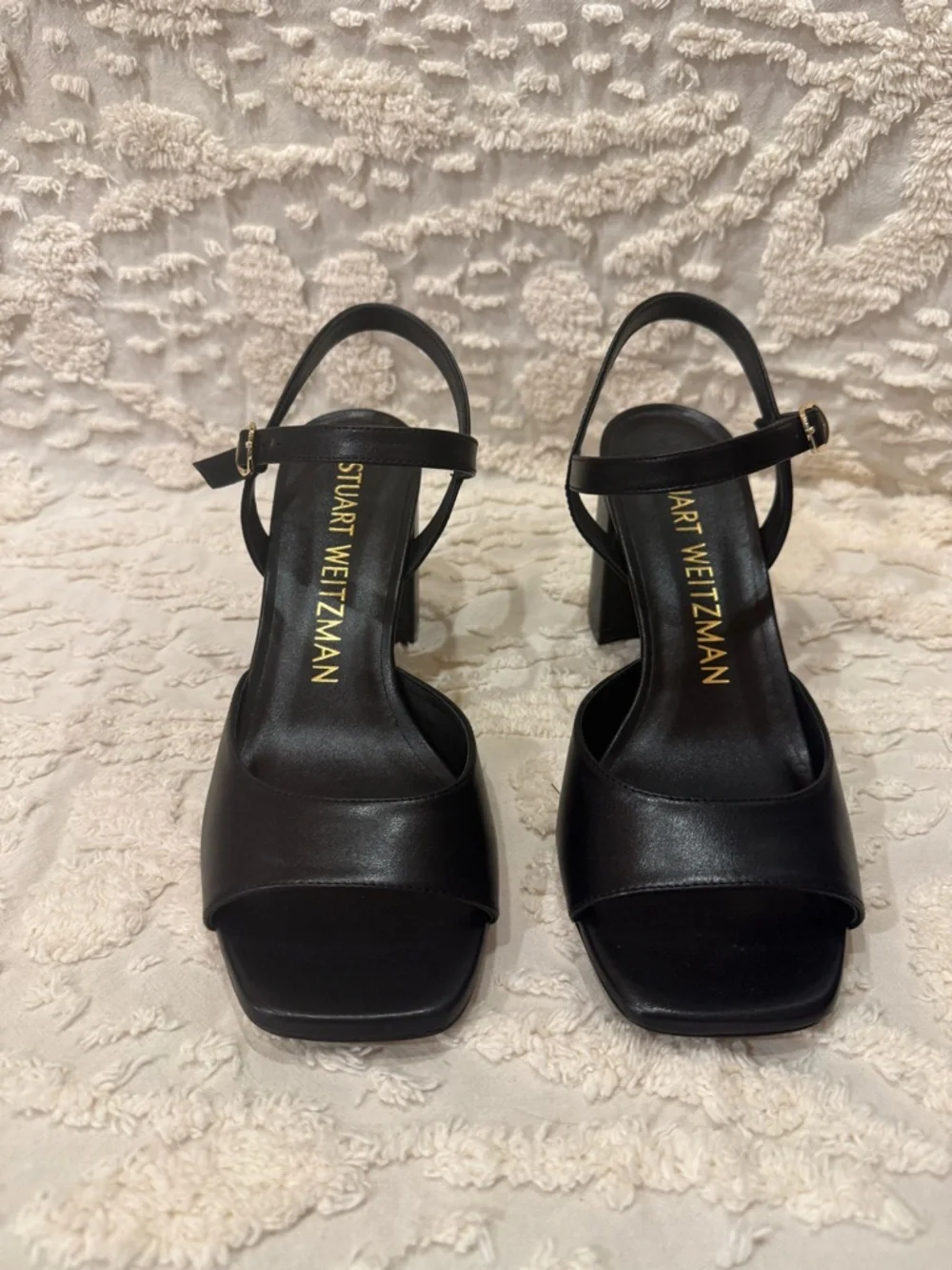 Stuart Weitzman Black Leather Block Heel Slingback Sandals #620